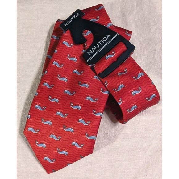 Nautica Whale Tie Red Preppy Pattern Graphic Nerd Nautical Necktie Fun 58" x 3" - Picture 14 of 14